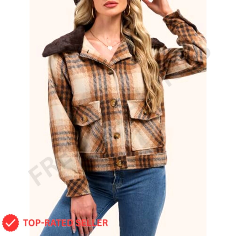 Wool Blend Cropped Shacket Jacket Button Down Pla… - image 2